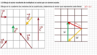 Dibuja en tu cuaderno los vectores de la cuadrícula y determina el vector que representa cada literal.
1.3 Dibuja el vector resultante de multiplicar un vector por un número escalar.
2𝑑 + 3 𝑒
𝟐𝒅
𝟑𝒆
 
