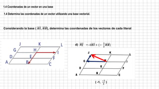1.4 Coordenadas de un vector en una base
1.4 Determina las coordenadas de un vector utilizando una base vectorial.
Considerando la base ( 𝑯𝑰, 𝑯𝑩), determina las coordenadas de los vectores de cada literal
d) 𝑯𝑱
( -1,
−𝟏
𝟐
)
= -1𝑯𝑰 + (−
𝟏
𝟐
𝑯𝑩)
 