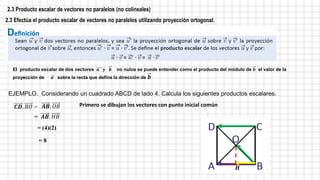 2.3 Producto escalar de vectores no paralelos (no colineales)
2.3 Efectúa el producto escalar de vectores no paralelos utilizando proyección ortogonal.
EJEMPLO. Considerando un cuadrado ABCD de lado 4. Calcula los siguientes productos escalares.
𝑪𝑫. 𝐵𝑂 = Primero se dibujan los vectores con punto inicial común
El producto escalar de dos vectores 𝒂 𝒚 𝒃 no nulos se puede entender como el producto del módulo de 𝒃 el valor de la
proyección de 𝒂 sobre la recta que define la dirección de 𝒃
𝑯
𝑨𝑩. 𝑂𝐵
= 𝑨𝑩. 𝐻𝐵
= (4)(2)
= 8
 