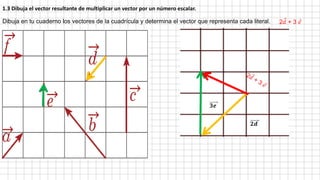 Dibuja en tu cuaderno los vectores de la cuadrícula y determina el vector que representa cada literal.
1.3 Dibuja el vector resultante de multiplicar un vector por un número escalar.
2𝑑 + 3 𝑒
𝟐𝒅
𝟑𝒆
 