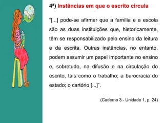 4ª) Instâncias em que o escrito circula
“[...] pode-se afirmar que a família e a escola
são as duas instituições que, historicamente,
têm se responsabilizado pelo ensino da leitura
e da escrita. Outras instâncias, no entanto,
podem assumir um papel importante no ensino
e, sobretudo, na difusão e na circulação do
escrito, tais como o trabalho; a burocracia do
estado; o cartório [...]”.
(Caderno 3 - Unidade 1, p. 24)
 