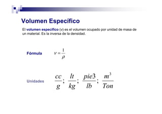 ρ
ν
1
=
Volumen Específico
El volumen específico (v) es el volumen ocupado por unidad de masa de
un material. Es la inversa de la densidad.
Fórmula
Unidades
Ton
m
lb
pie
kg
lt
g
cc 3
;
3
;;
 
