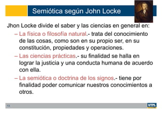 Semiótica según John Locke
Jhon Locke divide el saber y las ciencias en general en:
– La física o filosofía natural.- trata del conocimiento
de las cosas, como son en su propio ser, en su
constitución, propiedades y operaciones.
– Las ciencias prácticas.- su finalidad se halla en
lograr la justicia y una conducta humana de acuerdo
con ella.
– La semiótica o doctrina de los signos.- tiene por
finalidad poder comunicar nuestros conocimientos a
otros.
13
 