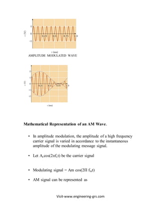 Visit-www.engineering-grs.com
AMPLITUDE MODULATED WAVE
Mathematical Representation of an AM Wave.
• In amplitude modulation, the amplitude of a high frequency
carrier signal is varied in accordance to the instantaneous
amplitude of the modulating message signal.
• Let Accos(2пfct) be the carrier signal
• Modulating signal = Am cos(2П fmt)
• AM signal can be represented as
 