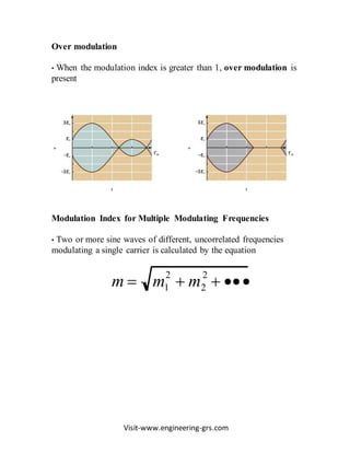 Visit-www.engineering-grs.com
Over modulation
• When the modulation index is greater than 1, over modulation is
present
Modulation Index for Multiple Modulating Frequencies
• Two or more sine waves of different, uncorrelated frequencies
modulating a single carrier is calculated by the equation
m  m1
2
 m2
2
 
 