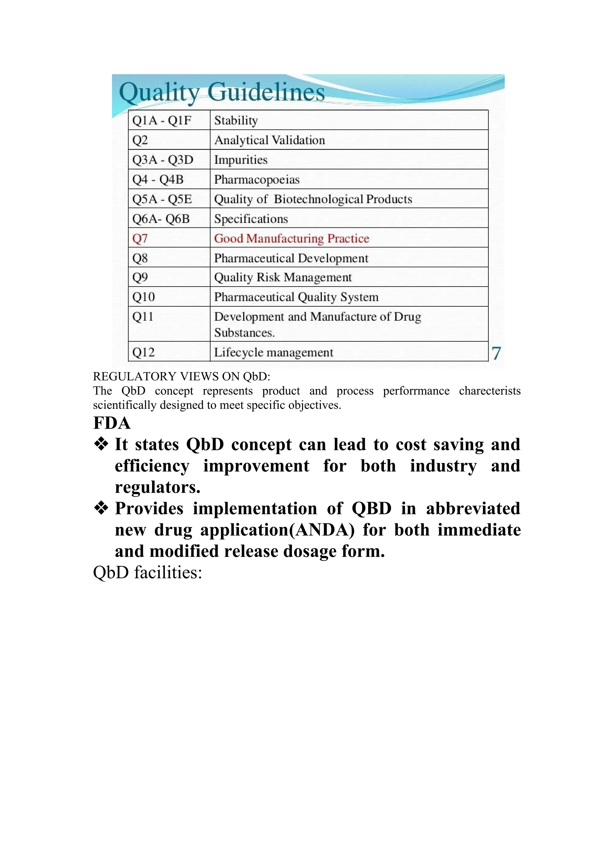 REGULATORY VIEWS ON QbD:
The QbD concept represents product and process perforrmance charecterists
scientifically designed to meet specific objectives.
FDA
 It states QbD concept can lead to cost saving and
efficiency improvement for both industry and
regulators.
 Provides implementation of QBD in abbreviated
new drug application(ANDA) for both immediate
and modified release dosage form.
QbD facilities:
 