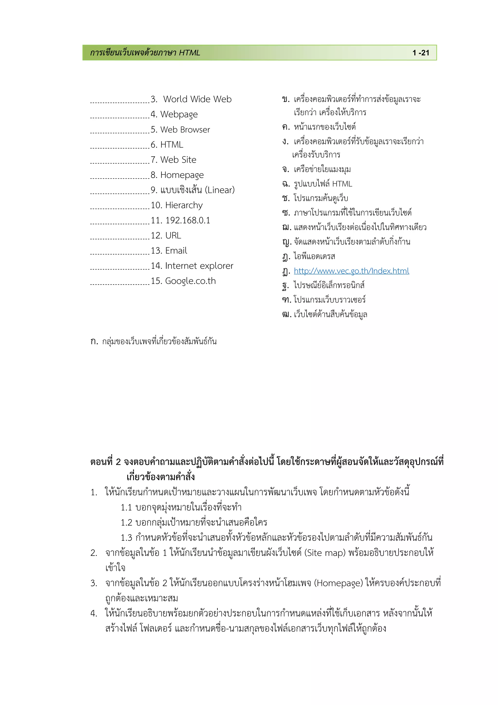 การเขียนเว็บเพจด้วยภาษา HTML 1 -21
3. World Wide Web
4. Webpage
5. Web Browser
6. HTML
7. Web Site
8. Homepage
9. แบบเชิงเส้น (Linear)
10. Hierarchy
11. 192.168.0.1
12. URL
13. Email
14. Internet explorer
15. Google.co.th
ก. กลุ่มของเว็บเพจที่เกี่ยวข้องสัมพันธ์กัน
ข. เครื่องคอมพิวเตอร์ที่ทาการส่งข้อมูลเราจะ
เรียกว่า เครื่องให้บริการ
ค. หน้าแรกของเว็บไซต์
ง. เครื่องคอมพิวเตอร์ที่รับข้อมูลเราจะเรียกว่า
เครื่องรับบริการ
จ. เครือข่ายใยแมงมุม
ฉ. รูปแบบไฟล์ HTML
ช. โปรแกรมค้นดูเว็บ
ซ. ภาษาโปรแกรมที่ใช้ในการเขียนเว็บไซด์
ฌ. แสดงหน้าเว็บเรียงต่อเนื่องไปในทิศทางเดียว
ญ.จัดแสดงหน้าเว็บเรียงตามลาดับกิ่งก้าน
ฎ. ไอพีแอดเดรส
ฏ. http://www.vec.go.th/Index.html
ฐ. ไปรษณีย์อิเล็กทรอนิกส์
ฑ. โปรแกรมเว็บบราวเซอร์
ฒ. เว็บไซต์ด้านสืบค้นข้อมูล
ตอนที่ 2 จงตอบคาถามและปฏิบัติตามคาสั่งต่อไปนี้ โดยใช้กระดาษที่ผู้สอนจัดให้และวัสดุอุปกรณ์ที่
เกี่ยวข้องตามคาสั่ง
1. ให้นักเรียนกาหนดเป้าหมายและวางแผนในการพัฒนาเว็บเพจ โดยกาหนดตามหัวข้อดังนี้
1.1 บอกจุดมุ่งหมายในเรื่องที่จะทา
1.2 บอกกลุ่มเป้าหมายที่จะนาเสนอคือใคร
1.3 กาหนดหัวข้อที่จะนาเสนอทั้งหัวข้อหลักและหัวข้อรองไปตามลาดับที่มีความสัมพันธ์กัน
2. จากข้อมูลในข้อ 1 ให้นักเรียนนาข้อมูลมาเขียนผังเว็บไซด์ (Site map) พร้อมอธิบายประกอบให้
เข้าใจ
3. จากข้อมูลในข้อ 2 ให้นักเรียนออกแบบโครงร่างหน้าโฮมเพจ (Homepage) ให้ครบองค์ประกอบที่
ถูกต้องและเหมาะสม
4. ให้นักเรียนอธิบายพร้อมยกตัวอย่างประกอบในการกาหนดแหล่งที่ใช้เก็บเอกสาร หลังจากนั้นให้
สร้างไฟล์ โฟลเดอร์ และกาหนดชื่อ-นามสกุลของไฟล์เอกสารเว็บทุกไฟล์ให้ถูกต้อง
 