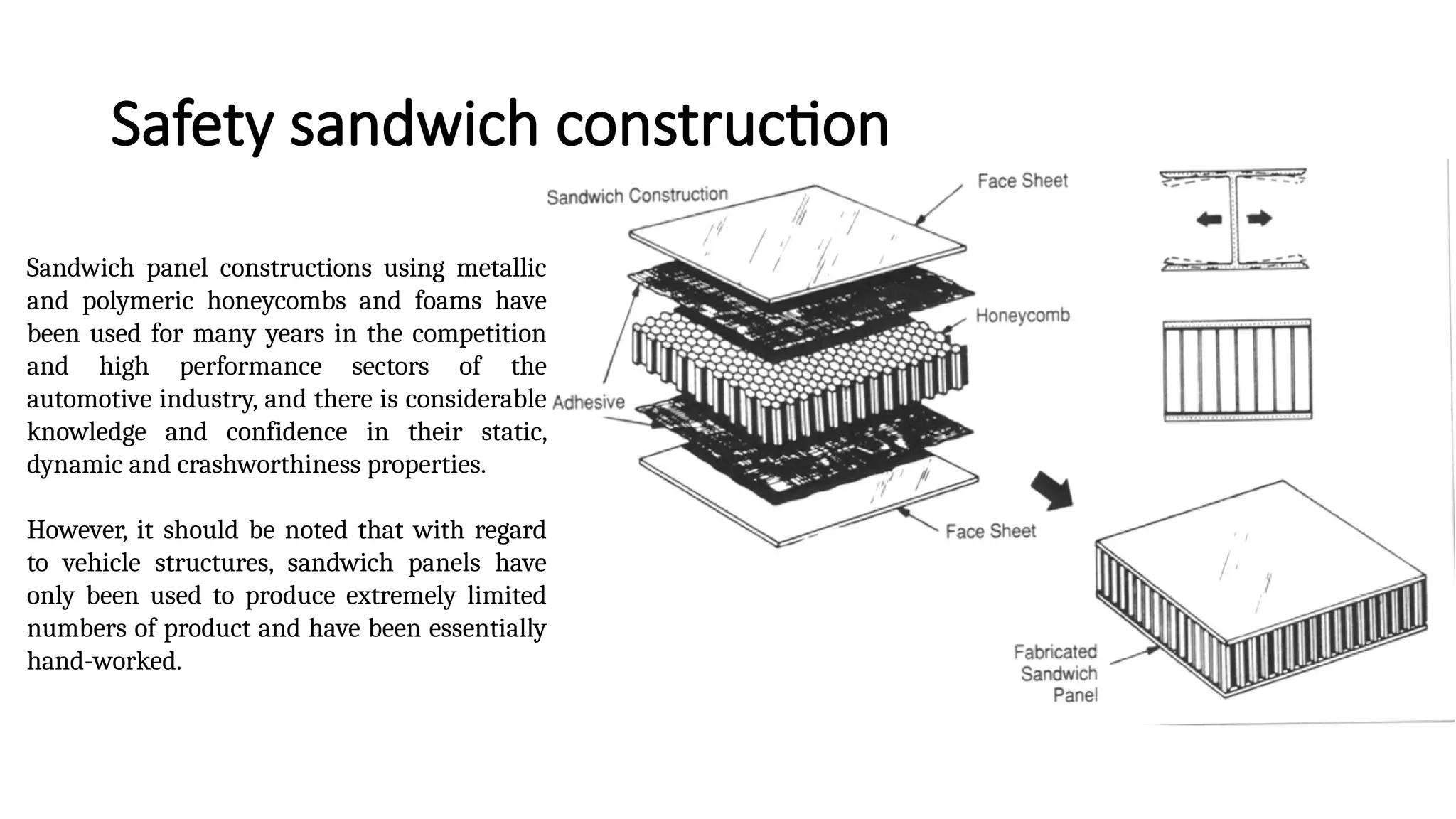 Safety sandwich construction
Sandwich panel constructions using metallic
and polymeric honeycombs and foams have
been used for many years in the competition
and high performance sectors of the
automotive industry, and there is considerable
knowledge and confidence in their static,
dynamic and crashworthiness properties.
However, it should be noted that with regard
to vehicle structures, sandwich panels have
only been used to produce extremely limited
numbers of product and have been essentially
hand-worked.
 
