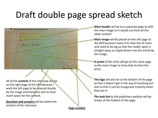 Draft double page spread sketch
Main header will be on a separate page to with
the main image so it stands out from all the
other content
Main image will be placed on the left page of
the DPS because I want it to have lots of room
and need to be big so that the reader spots it
straight away an d gets drawn into the article by
the image.
A quote of the artist will go on the same page
as the main image to show that its from the
artist.
All of the content of the interview will be
on the right page of the DPS because I
want the left page to be covered mostly
by the image and therefore will no have
much space for the content. The web link to the publishers website will be
shown at the bottom of the page.
The logo will also be at the bottom of the page
so that it doesn’t get in the way of anything but
also so that it can be recognised instantly when
they see it.
Question and answers will be within the
content of the interview.
Page number
 
