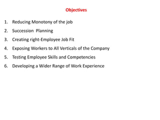 Objectives
1. Reducing Monotony of the job
2. Succession Planning
3. Creating right-Employee Job Fit
4. Exposing Workers to All Verticals of the Company
5. Testing Employee Skills and Competencies
6. Developing a Wider Range of Work Experience
 
