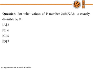 Question: For what values of P number 345472P34 is exactly
divisible by 9.
[A] 3
[B] 4
[C] 6
[D] 7
 
