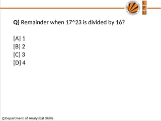 Q) Remainder when 17^23 is divided by 16?
[A] 1
[B] 2
[C] 3
[D] 4
 