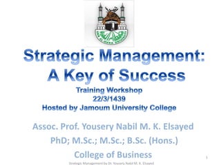 Assoc. Prof. Yousery Nabil M. K. Elsayed
PhD; M.Sc.; M.Sc.; B.Sc. (Hons.)
College of Business
Strategic Management by Dr. Yousery Nabil M. K. Elsayed
1
 