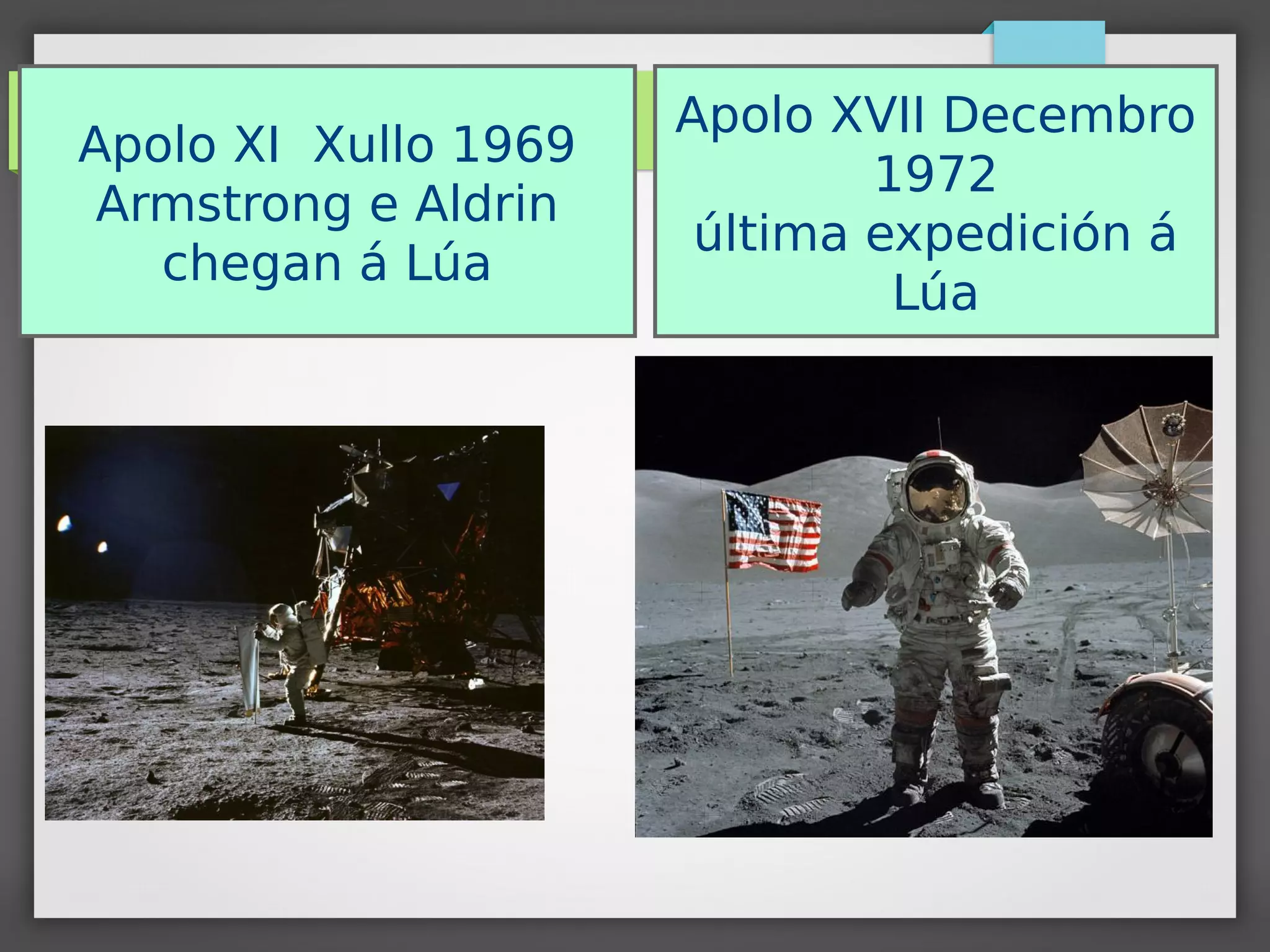 Apolo XVII Decembro
1972
última expedición á
Lúa
Apolo XI Xullo 1969
Armstrong e Aldrin
chegan á Lúa
 