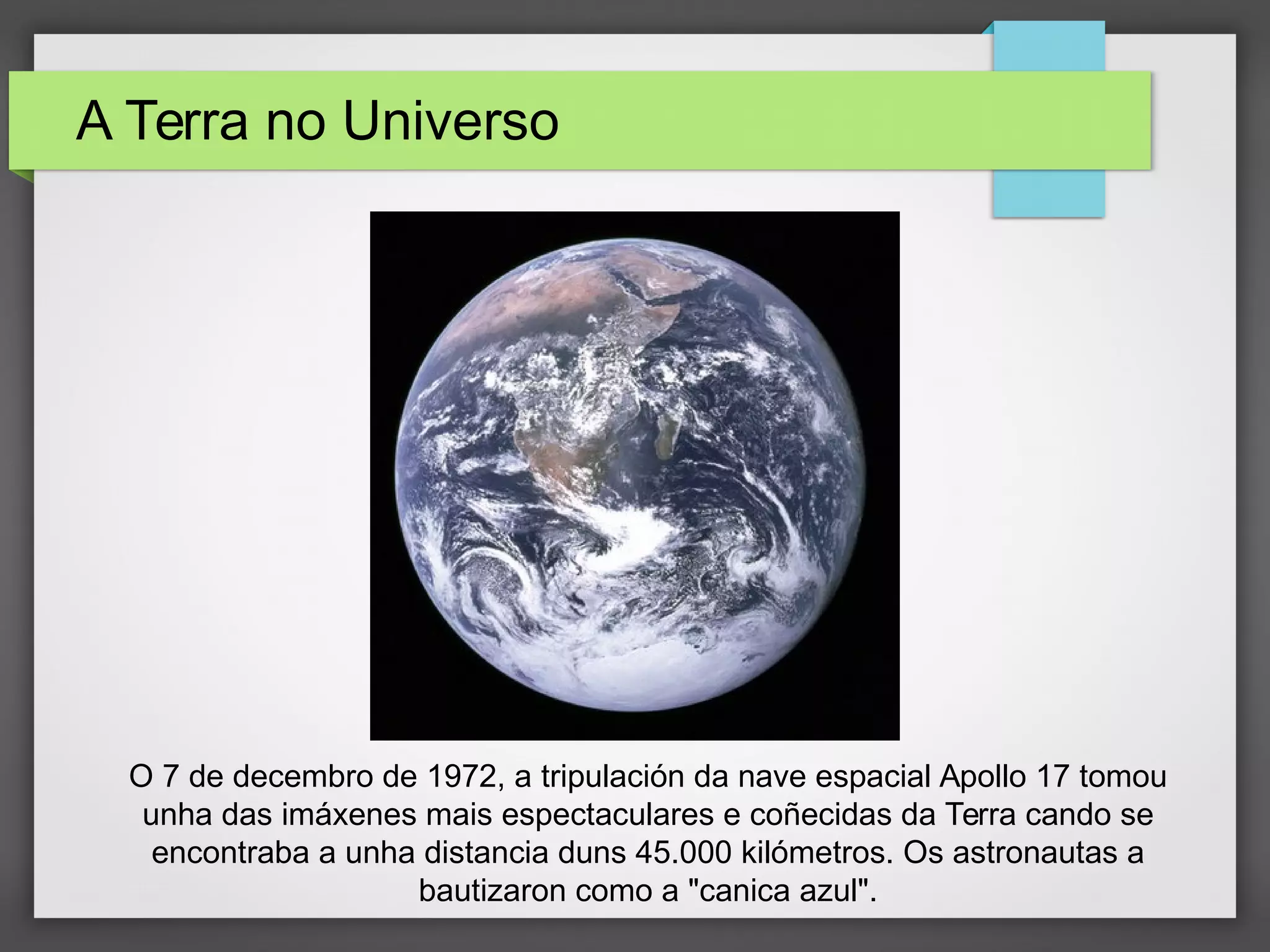 A Terra no Universo
O 7 de decembro de 1972, a tripulación da nave espacial Apollo 17 tomou
unha das imáxenes mais espectaculares e coñecidas da Terra cando se
encontraba a unha distancia duns 45.000 kilómetros. Os astronautas a
bautizaron como a "canica azul".
 