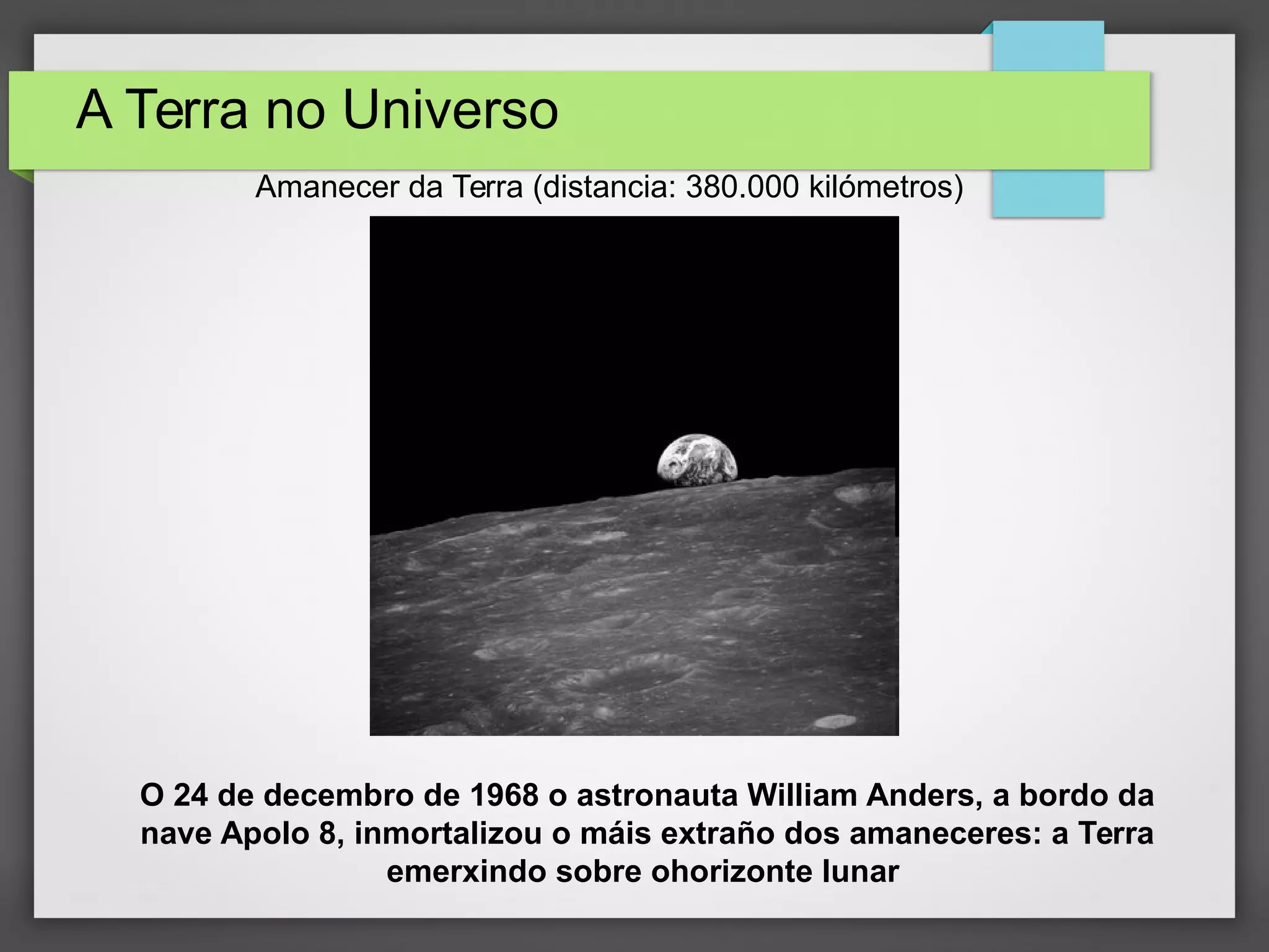 A Terra no Universo
Amanecer da Terra (distancia: 380.000 kilómetros)
O 24 de decembro de 1968 o astronauta William Anders, a bordo da
nave Apolo 8, inmortalizou o máis extraño dos amaneceres: a Terra
emerxindo sobre ohorizonte lunar
 
