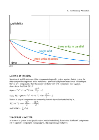 6. Redundancy Allocation
6. STAND-BY SYSTEM:
Sometime it is difficult to run all the components in parallel system together. In this system the
other components in parallel mode waits until a particular component break down. For example
there is n+ 1 components, then the system will fail if only n+1 components fails together.
As we know that R(t)+Q(t)=1
Again,
2
( )
1 (1 ...)
2
t t t t
e e e tλ λ λ λ
λ− −
= = + + +
Then,
2
( )
( ) ( ) 1 (1 ...)
2
t t t t
R t Q t e e e tλ λ λ λ
λ− −
+ = = = + + +
If there is n equal components are supporting in stand-by mode then reliability is,
2
( ) ( )
( ) (1 ... )
2 !
n
t t t
R t e t
n
λ λ λ
λ−
= + + + +
And MTBF =
0
( )R t
∞
∫
7. K-OUT OF N SYSTEM:
A ‘k out of n’ system is the special case of parallel redundancy. It succeeds if at least k components
out of n parallel components work properly. He diagram is given below:
fig:5
 