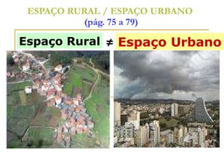 ESPAÇO RURAL / ESPAÇO URBANO   (pág. 75 a 79) Espaço Urbano ≠ Espaço Rural 