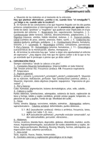 3
    CAPÍTULO 1


    v Situación de las molestias en el momento de la entrevista.
    Hay que plantear alternativas: ¿vomita o no, cuando tiene "el remulguillo"?,
    ¿se fatiga o no, cuando sube la escalera?.
    3.- En función de las conclusiones a las que hayamos llegado con los dos puntos
    primeros completaremos el interrogatorio con la anamnesis por aparatos seña-
    lando los datos "positivos" y "negativos" que pudieran estar implicados en el pa-
    decimiento del enfermo: 1.- Respiratorio (tos, expectoración, hemoptisis...). 2.-
    Cardiovascular (dolor torácico, edemas, desvanecimientos, palpitaciones...). 3.-
    Digestivo (náuseas, vómitos, hábito intestinal, melenas...). 4.- General-constitu-
    cional (cambios de peso, astenia, anorexia, fiebre, sueño...). 5.- Endocrino-me-
    tabólico (poliuria, polifagia, polidipsia...). 6.- Genitourinario (disuria, hematuria,
    tenesmo...) 7.- Locomotor. 8.- Neurológico (cefalea, convulsiones, parestesias).
    9.-Piel y faneras. 10.- Hematológico (anemia, hematomas...). 11.- Ginecológico
    (características de la menstruación, abortos, menopausia...)
    4.- Al terminar la entrevista hay que "volver a dejar otra oportunidad al enfermo
    de expresarse": ¿hay alguna cosa más que me quiera contar o de la que se ha-
    ya acordado que le preocupe o piense que yo debo saber?
6.- EXPLORACIÓN FÍSICA
    Siempre sistemática "desde la cabeza a los pies".
    1.- Constantes-Situación hemodinámica: (imprescindible en toda historia)
    T.A: Tensión arterial. F.C: Frecuencia cardiaca. F.R: Frecuencia respiratoria.
    Tª: Temperatura
    2.- Aspecto general:
    Actitud y sensorio (¿consciente?,¿orientado?,¿atento?,¿colaborador?). Situación
    de su nutrición, hidratación, perfusión. Tipo constitucional (asténico, atlético...).
    Situación, impresión, datos objetivos (inquieto; taquipneico; "impresiona de gra -
    vedad"...)
    3.- Piel y faneras:
    Color, humedad, pigmentación, lesiones dermatológicas, uñas, vello, cabello...
    4.- Cabeza y cuello:
    Puntos dolorosos, tumefacciones, adenopatías, existencia de bocio, exploración de
    boca y faringe, latidos y soplos carotídeos, presión venosa yugular, temporales, ex-
    ploración de ojos y pupilas. Fondo de ojo. Movilidad del cuello...
    5.- Tórax:
    Forma, simetría. Mamas: secreciones, nódulos, asimetrías... Adenopatías: axilares,
    supraclaviculares... Columna vertebral: deformidades, puntos dolorosos...
             5.1- A.C (auscultación cardíaca): rítmico o arrítmico, frecuencia, tonos,
                  soplos (ver tabla 1.2), roce...
             5.2- A.P (auscultación pulmonar): ¿murmullo vesicular conservado?, rui-
                  dos sobreañadidos, percusión, vibraciones...
    6.- Abdomen:
    Forma, cicatrices, blando/duro, depresible, globoso, distendido, matidez, ascitis,
    masas, hepatoesplenomegalia, auscultación de ruidos abdominales y soplos, de-
    fensa, signos peritoneales, Blumberg, Rovsing, Murphy, hernias, adenopatías, pu-
    ñopercusión renal, columna-sacroilíacas.
    7.- Ano-rectal:
    Tacto, aspecto, fisuras, fístulas, hemorroides...
    8.- Genitales externos y exploración ginecológica en la mujer.
 