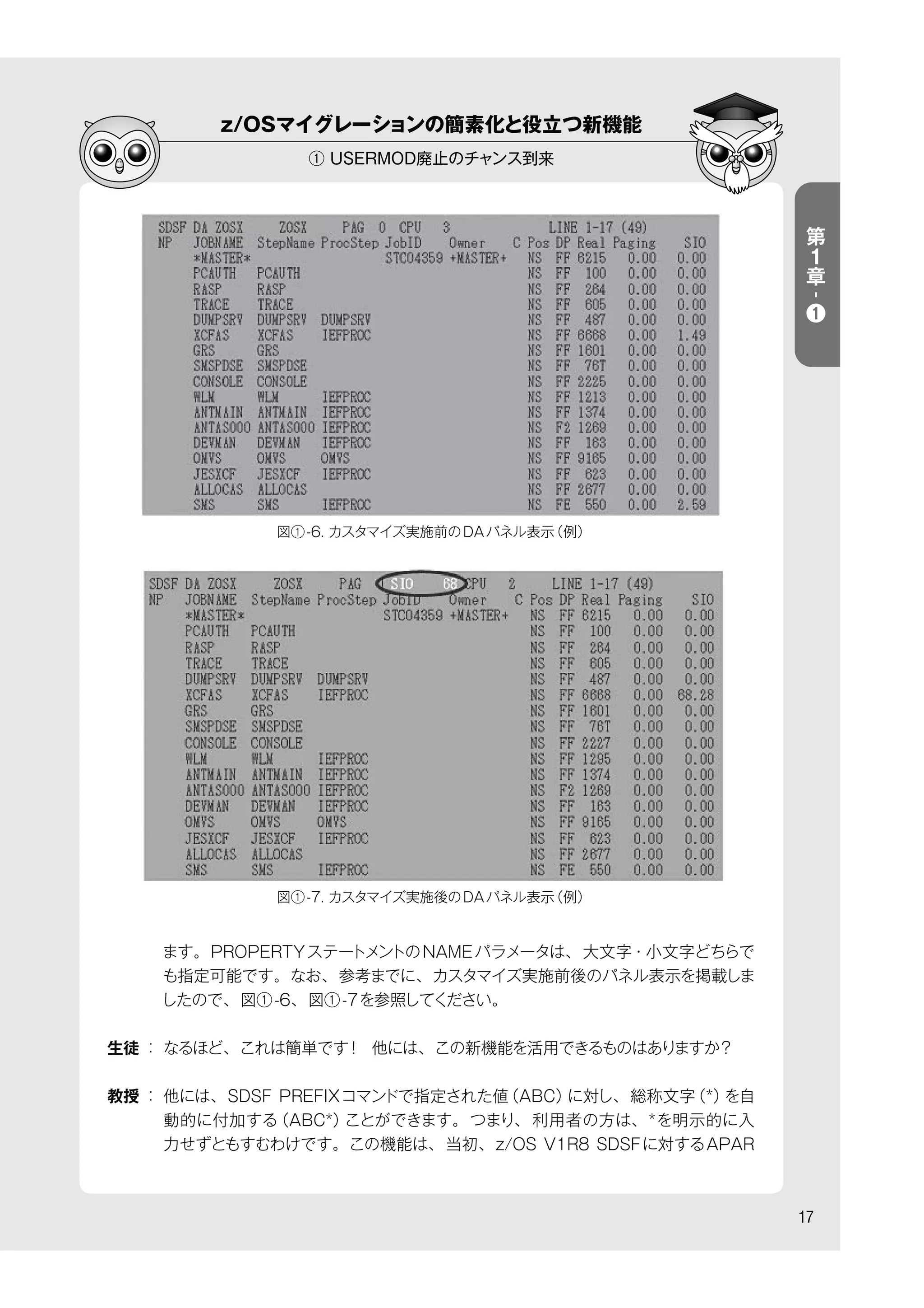 z/OSマイグレーションの簡素化と役立つ新機能
① USERMOD廃止のチャンス到来
17
ます。PROPERTYステートメントのNAMEパラメータは、大文字・小文字どちらで
も指定可能です。なお、参考までに、カスタマイズ実施前後のパネル表示を掲載しま
したので、図①-6、図①-7を参照してください。
生徒 ： なるほど、これは簡単です！ 他には、この新機能を活用できるものはありますか？
教授 ： 他には、SDSF PREFIXコマンドで指定された値（ABC）に対し、総称文字（*）を自
動的に付加する（ABC*）ことができます。つまり、 利用者の方は、*を明示的に入
力せずともすむわけです。この機能は、当初、z/OS V1R8 SDSFに対するAPAR
図①-6. カスタマイズ実施前のDAパネル表示（例）
図①-7. カスタマイズ実施後のDAパネル表示（例）
第
１
章
-
❶
 