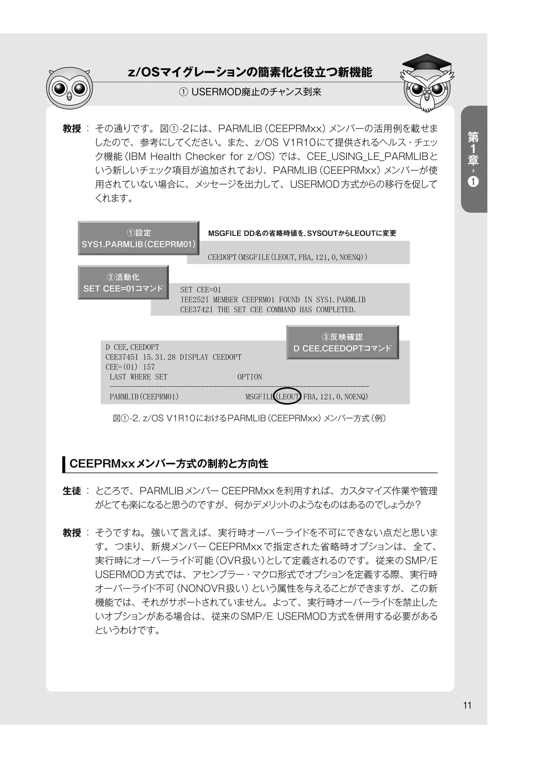 z/OSマイグレーションの簡素化と役立つ新機能
① USERMOD廃止のチャンス到来
11
第
１
章
-
❶
教授 ： その通りです。図①-2には、PARMLIB（CEEPRMxx）メンバーの活用例を載せま
したので、参考にしてください。また、z/OS V1R10にて提供されるヘルス・チェッ
ク機能（IBM Health Checker for z/OS）では、CEE_USING_LE_PARMLIBと
いう新しいチェック項目が追加されており、PARMLIB（CEEPRMxx）メンバーが使
用されていない場合に、メッセージを出力して、USERMOD方式からの移行を促して
くれます。
CEEPRMxxメンバー方式の制約と方向性
生徒 ： ところで、PARMLIBメンバー CEEPRMxxを利用すれば、カスタマイズ作業や管理
がとても楽になると思うのですが、何かデメリットのようなものはあるのでしょうか？
教授 ： そうですね。強いて言えば、実行時オーバーライドを不可にできない点だと思いま
す。つまり、 新規メンバー CEEPRMxxで指定された省略時オプションは、 全て、
実行時にオーバーライド可能（OVR扱い）として定義されるのです。従来のSMP/E
USERMOD方式では、アセンブラー・マクロ形式でオプションを定義する際、実行時
オーバーライド不可（NONOVR扱い）という属性を与えることができますが、この新
機能では、それがサポートされていません。よって、実行時オーバーライドを禁止した
いオプションがある場合は、従来のSMP/E USERMOD方式を併用する必要がある
というわけです。
図①-2. z/OS V1R10におけるPARMLIB（CEEPRMxx）メンバー方式（例）
①設定
SYS1.PARMLIB（CEEPRM01）
②活動化
SET CEE=01コマンド
③反映確認
D CEE,CEEDOPTコマンド
MSGFILE DD名の省略時値を、SYSOUTからLEOUTに変更
 