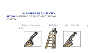 10. SISTEMA DE SUJECIÓN Y
APOYO SISTEMAS DE SUJECIÓN Y APOYO
ESPECIAL
Concebido para trabajos en concreto y
especiales. Porejemplo apoyo en postes.
 