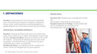 1. DEFINICIONES
Escalera: Una escalera es una construcción diseñada
para comunicar varios espacios situados a diferentes
alturas. Está conformada por escalones (peldaños) y
puede disponer de varios tramos entre los descansillos.
SEGÚN REAL ACADEMIA ESPAÑOLA:
Escalera: Serie de escalones que sirven para subir a los
pisos de un edificio o a un plano más elevado, o para bajar
de ellos Escalera de Mano: Aparato portátil, por lo común
de madera, compuesto de dos largueros en que están
encajados transversalmente y a igual distancia unos
travesaños que sirven de escalones.
Escalera de Tijera: La compuesta de dos escaleras de
mano unidas con bisagras por la parte superior.
SEGÚN OSHA
Escalera Fija: Escalera que no puede ser movida
por
que es parte integral de una estructura.
Escalera hecha en el Trabajo: Escalera fabricada
por los empleados en una obra no es
manufacturada comercialmente
ARL I SURA © Copyright – 00 mes de 2017 . Todos los derechos reservados.
 
