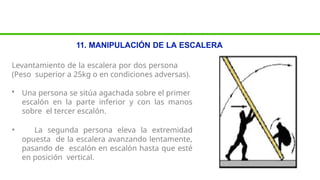 11. MANIPULACIÓN DE LA ESCALERA
Levantamiento de la escalera por dos persona
(Peso superior a 25kg o en condiciones adversas).
• Una persona se sitúa agachada sobre el primer
escalón en la parte inferior y con las manos
sobre el tercer escalón.
• La segunda persona eleva la extremidad
opuesta de la escalera avanzando lentamente,
pasando de escalón en escalón hasta que esté
en posición vertical.
 