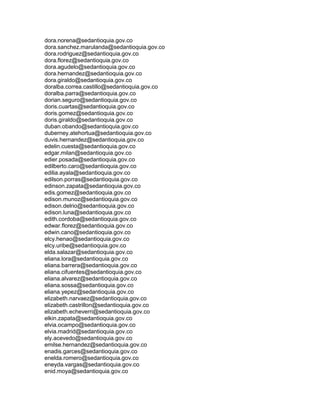 dora.norena@sedantioquia.gov.co
dora.sanchez.marulanda@sedantioquia.gov.co
dora.rodriguez@sedantioquia.gov.co
dora.florez@sedantioquia.gov.co
dora.agudelo@sedantioquia.gov.co
dora.hernandez@sedantioquia.gov.co
dora.giraldo@sedantioquia.gov.co
doralba.correa.castillo@sedantioquia.gov.co
doralba.parra@sedantioquia.gov.co
dorian.seguro@sedantioquia.gov.co
doris.cuartas@sedantioquia.gov.co
doris.gomez@sedantioquia.gov.co
doris.giraldo@sedantioquia.gov.co
duban.obando@sedantioquia.gov.co
duberney.atehortua@sedantioquia.gov.co
duvis.hernandez@sedantioquia.gov.co
edelin.cuesta@sedantioquia.gov.co
edgar.milan@sedantioquia.gov.co
edier.posada@sedantioquia.gov.co
edilberto.caro@sedantioquia.gov.co
edilia.ayala@sedantioquia.gov.co
edilson.porras@sedantioquia.gov.co
edinson.zapata@sedantioquia.gov.co
edis.gomez@sedantioquia.gov.co
edison.munoz@sedantioquia.gov.co
edison.delrio@sedantioquia.gov.co
edison.luna@sedantioquia.gov.co
edith.cordoba@sedantioquia.gov.co
edwar.florez@sedantioquia.gov.co
edwin.cano@sedantioquia.gov.co
elcy.henao@sedantioquia.gov.co
elcy.uribe@sedantioquia.gov.co
elda.salazar@sedantioquia.gov.co
eliana.lora@sedantioquia.gov.co
eliana.barrera@sedantioquia.gov.co
eliana.cifuentes@sedantioquia.gov.co
eliana.alvarez@sedantioquia.gov.co
eliana.sossa@sedantioquia.gov.co
eliana.yepez@sedantioquia.gov.co
elizabeth.narvaez@sedantioquia.gov.co
elizabeth.castrillon@sedantioquia.gov.co
elizabeth.echeverri@sedantioquia.gov.co
elkin.zapata@sedantioquia.gov.co
elvia.ocampo@sedantioquia.gov.co
elvia.madrid@sedantioquia.gov.co
ely.acevedo@sedantioquia.gov.co
emilse.hernandez@sedantioquia.gov.co
enadis.garces@sedantioquia.gov.co
enelda.romero@sedantioquia.gov.co
eneyda.vargas@sedantioquia.gov.co
enid.moya@sedantioquia.gov.co
 