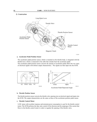 92                                        LS400 — NEW FEATURES

     2) Construction

                                        Limp Mode Lever


                                                       Throttle Valve




                                                                                        Throttle Position Sensor


          Accelerator Pedal
          Position Sensor



                                                                                                        Throttle Control
                                                                                                        Motor

                                                       Magnetic Clutch

                                                                                                                     151EG01

      a. Accelerator Pedal Position Sensor
       The accelerator pedal position sensor, which is mounted on the throttle body, is integrated with the
       throttle lever, which is connected to the cable that extends from the accelerator pedal.
       The accelerator pedal position sensor converts the amount of accelerator pedal effort into two types
       of electrical signals with distinct output characteristics. The signals are then input into the ECM.


                                                                            V
                           Close                                            5
                                                           Output Voltage




                                                                                VPA2
                                    Open
                                                                                              VPA
                                                                            0
            E2 VPA2 VPA            VC                                           Close               Open
                                            150EG40                                                                 150EG39
                                                                            Accelerator Pedal Depressed Angle


      b. Throttle Position Sensor
       The throttle position sensor converts the throttle valve opening into an electrical signal and inputs into
       the ECM. The output characteristics are the same as those of the accelerator position pedal sensor.

      c. Throttle Control Motor
       A DC motor with excellent response and minimal power consumption is used for the throttle control
       motor. The ECM performs the duty ratio control of the direction and the amperage of the current that
       flows to the throttle control motor in order to regulate the opening of the throttle valve.
 