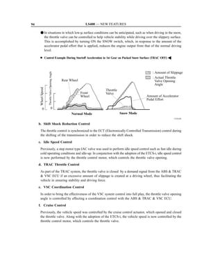 94                                                                LS400 — NEW FEATURES

      F In situations in which low-µ surface conditions can be anticipated, such as when driving in the snow,
        the throttle valve can be controlled to help vehicle stability while driving over the slippery surface.
        This is accomplished by turning ON the SNOW switch, which, in response to the amount of the
        accelerator pedal effort that is applied, reduces the engine output from that of the normal driving
        level.

      D Control Example During Startoff Acceleration in 1st Gear on Packed Snow Surface (TRAC OFF) A



                                                                                                      : Amount of Slippage
                    Throttle Valve Opening Angle




                                                                                                      : Actual Throttle
                                                   Rear Wheel                                           Valve Opening
                                                                                                        Angle
      Wheel Speed




                                                                           Throttle
                                                                Front      Valve
                                                                Wheel                             Amount of Accelerator
                                                                                                  Pedal Effort

           0                      0
                                                         Normal Mode                  Snow Mode
                                                                                                                    151EG40

     b. Shift Shock Reduction Control
      The throttle control is synchronized to the ECT (Electronically Controlled Transmission) control during
      the shifting of the transmission in order to reduce the shift shock.

     c. Idle Speed Control
      Previously, a step motor type IAC valve was used to perform idle speed control such as fast idle during
      cold operating conditions and idle-up. In conjunction with the adoption of the ETCS-i, idle speed control
      is now performed by the throttle control motor, which controls the throttle valve opening.
     d. TRAC Throttle Control

      As part of the TRAC system, the throttle valve is closed by a demand signal from the ABS  TRAC
       VSC ECU if an excessive amount of slippage is created at a driving wheel, thus facilitating the
      vehicle in ensuring stability and driving force.
     e. VSC Coordination Control

      In order to bring the effectiveness of the VSC system control into full play, the throttle valve opening
      angle is controlled by effecting a coordination control with the ABS  TRAC  VSC ECU.
     f. Cruise Control
      Previously, the vehicle speed was controlled by the cruise control actuator, which opened and closed
      the throttle valve. Along with the adoption of the ETCS-i, the vehicle speed is now controlled by the
      throttle control motor, which controls the throttle valve.
 