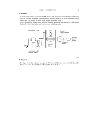 LS400 — NEW FEATURES                                                95

4) Fail-Safe

 If an abnormal condition occurs with the ETCS-i, the MIL illuminates to alert the driver. At the same
 time, the current to the throttle control motor and magnetic clutch are cut off in order not to operate
 the ETCS-i. This enables the return spring to close the throttle valve.
 Even in this situation, the accelerator pedal can be used to operate the limp mode lever, which operates
 the throttle valve to enable the vehicle to be driven in the limp mode.



               Limp Mode Lever                     Open                Throttle
                                                                       Position Sensor


                                                                                            Throttle
                                                                                            Control
                                                                                            Motor
                                                                           Magnetic
                                                                           Clutch
                                                  Throttle
                                                  Valve


               Accelerator Pedal
               Position Sensor


                                                                                                   150EG42

5) Diagnosis

 The diagnostic trouble codes can be output via DLC3 to an OBD-II scan tool or a hand-held tool. For
 details, refer to the ’98 LS400 Repair Manual (Pub. No. RM578U).
 