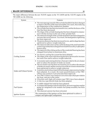 ENGINE — 3UZ-FE ENGINE

SMAJOR DIFFERENCES                                                                                    35

 The major differences between the new 3UZ-FE engine on the ’01 LS430 and the 1UZ-FE engine on the
 ’00 LS400 are the following:
           System                                             Features
                              • The water passage outside of the cylinder head bolts has been changed
                                to improve the flow of the water around the valve seats, thus reducing
                                the temperature of the combustion chamber.
                              • The cylinder bore has been increased in size, and the thickness of the
                                liner has been decreased.
                              • The shape of the cylinder head gasket has been changed in conjunc-
                                tion with the increase in the size of the cylinder bore.
                              • The material strength of the cylinder head bolts has been changed to
  Engine Proper                 increase their axial tension. As a result, the head gaskets tightening
                                has been improved.
                              • The piston diameter has been increased in size, and its shape has been
                                optimized to achieve weight reduction.
                              • The material of the inner surface of the bushing in the small end of the
                                connecting rod has been changed from lead bronze alloy to phosphor
                                bronze alloy.
                              • The material of the sliding surface of the crankshaft bearing has been
                                changed from kelmet to aluminum alloy.
                              • An electric cooling fan system has been adopted.
  Cooling System              • The shape of the water inlet housing has been optimized to increase
                                the water flow and to achieve weight reduction.
                              • A resonator and a tuning hole have been provided in the air cleaner
                                inlet to reduce the amount of intake air sound.
                              • The air cleaner case has been increased in size to reduce the amount
                                of intake air sound, and the construction of the air cleaner element has
                                been optimized to achieve weight reduction.
                              • A stainless steel exhaust manifold with a single-pipe construction has
  Intake and Exhaust System
                                been adopted. As a result, the warm-up performance of the TWC
                                (Three-way Catalytic Converter) has been improved.
                              • Two TWCs (Three-way Catalytic Converters) have been provided in
                                the front, and one in the center.
                              • Ultra thin-wall, high-cell ceramic type TWCs have been adopted.
                              • A link-less type throttle body has been adopted.
                              • A saddle-shaped fuel tank has been adopted.
                              • A compact fuel pump in which a fuel filter, pressure regulator and jet
  Fuel System                   pump are integrated in the module fuel pump assembly has been
                                adopted.
                              • The charcoal canister has been relocated.
                              The construction of the ignition coil has been optimized to achieve a
  Ignition System
                              compact and lightweight configuration.
 