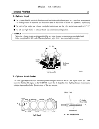 ENGINE — 3UZ-FE ENGINE

SENGINE PROPER                                                                                                  37

1. Cylinder Head

 F The cylinder head is made of aluminum and has intake and exhaust ports in a cross-flow arrangement.
   The intake ports are on the inside and the exhaust ports on the outside of the left and right banks respectively.

 F The pitch of the intake and exhaust camshafts is shortened and the valve angle is narrowed to 21° 33’.
 F The left and right banks of cylinder heads are common in configuration.

  NOTICE
   When the cylinder heads are disassembled for servicing, be sure to assemble each cylinder head
   to the correct right or left bank. The camshaft may seize if they are assembled incorrectly.



                                                     21° 33’




                                  Intake
                                  Side
                                                                           Exhaust
                                                                           Side


                                                  Valve Angle                                      188EG05




2. Cylinder Head Gasket

 The same type of (4-layer) steel laminate cylinder head gasket used in the 1UZ-FE engine on the ’00 LS400
 is used in the 3UZ-FE engine on the ’01 LS430, except that its shape has been slightly changed in accordance
 with the increased cylinder displacement of the new engine.



                                                                             Bead Plate



                                                                                                    Cylinder
                                                                                                    Bore Side
     A            A


                                                                                     Inner Plate

                             Left Hand                                      A – A Cross Section

                                                                                                   189EG40
 