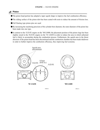ENGINE — 3UZ-FE ENGINE

40 Piston
 4.

 F The piston head portion has adopted a taper squish shape to improve the fuel combustion efficiency.
 F The sliding surface of the piston skirt has been coated with resin to reduce the amount of friction loss.

 F Full floating type piston pins are used.
 F By increasing the machining precision of the cylinder bore diameter, the outer diameter of the piston has
   been made into one type.

 F In contrast to the 1UZ-FE engine on the ’00 LS400, the placement position of the piston rings has been
   slightly raised in the 3UZ-FE engine on the ’01 LS430 in order to reduce the area in which unburned
   fuel is likely to accumulate during the combustion process. Furthermore, the squish area in the thrust
   direction of the piston head has been discontinued and the combustion chamber has been made shallower
   in order to further improve the combustion efficiency, thus improving fuel economy.


                              Squish area
                              discontinued




                                     0.5mm
                              3UZ-FE (0.02 in.)
                                                     1UZ-FE




                        ’01 LS430                                          ’00 LS400

                                                189EG41                                   188EG12
 