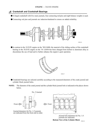 ENGINE — 3UZ-FE ENGINE

42 Crankshaft and Crankshaft Bearings
 6.

 F A forged crankshaft with five main journals, four connecting rod pins and eight balance weights is used.
 F Connecting rod pins and journals are induction-hardened to ensure an added reliability.




                                                                                               188EG16




 F In contrast to the 1UZ-FE engine on the ’00 LS400, the material of the sliding surface of the crankshaft
   bearing in the 3UZ-FE engine on the ’01 LS430 has been changed from kelmet to aluminum alloy to
   discontinue the use of lead and to further enhance the engine’s quiet operation.




                                                                      188EG17




 F Crankshaft bearings are selected carefully according to the measured diameters of the crank journal and
   cylinder block journal holes.
NOTE:   The diameter of the crank journal and the cylinder block journal hole is indicated at the places shown
        below.

                              No. 5 Journal




     Front                                          Front


    Journal diameters for No. 1-5 journals
    are indicated from the front end in order.
                                                                   Journal hole diameters for No. 1-5
                                                                   journals are indicated.
                                                            Bottom View of the Cylinder Block
                                                                                                    188EG18
 