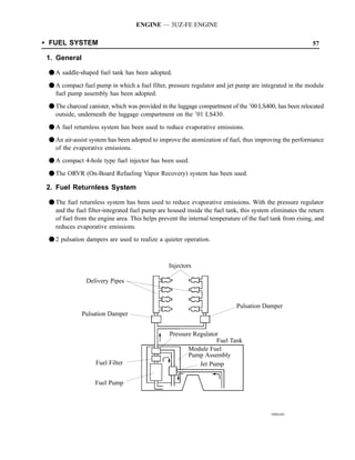 ENGINE — 3UZ-FE ENGINE

SFUEL SYSTEM                                                                                             57

1. General

 F A saddle-shaped fuel tank has been adopted.

 F A compact fuel pump in which a fuel filter, pressure regulator and jet pump are integrated in the module
   fuel pump assembly has been adopted.
 F The charcoal canister, which was provided in the luggage compartment of the ’00 LS400, has been relocated
   outside, underneath the luggage compartment on the ’01 LS430.

 F A fuel returnless system has been used to reduce evaporative emissions.
 F An air-assist system has been adopted to improve the atomization of fuel, thus improving the performance
   of the evaporative emissions.
 F A compact 4-hole type fuel injector has been used.

 F The ORVR (On-Board Refueling Vapor Recovery) system has been used.

2. Fuel Returnless System

 F The fuel returnless system has been used to reduce evaporative emissions. With the pressure regulator
   and the fuel filter-integrated fuel pump are housed inside the fuel tank, this system eliminates the return
   of fuel from the engine area. This helps prevent the internal temperature of the fuel tank from rising, and
   reduces evaporative emissions.
 F 2 pulsation dampers are used to realize a quieter operation.



                                                Injectors

               Delivery Pipes


                                                                           Pulsation Damper
              Pulsation Damper


                                                Pressure Regulator
                                                                 Fuel Tank
                                                       Module Fuel
                                                       Pump Assembly
                   Fuel Filter                             Jet Pump

                   Fuel Pump



                                                                                         189EG05
 