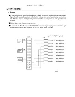 ENGINE — 3UZ-FE ENGINE

SIGNITION SYSTEM
62

 1. General

  F A DIS (Direct Ignition System) has been adopted. The DIS improves the ignition timing accuracy, reduces
    high-voltage loss, and enhances the overall reliability of the ignition system by eliminating the distributor.
    The DIS in this engine is an independent ignition system which has one ignition coil (with igniter) for each
    cylinder.
  F Iridium-tipped spark plugs have been adopted.
  F In contrast to the 1UZ-FE engine on the ’00 LS400, compact and lightweight ignition coils with an opti-
    mized construction have been adopted in the 3UZ-FE engine on the ’01 LS430.




                                                                              Ignition Coil (With Igniter)
                                      ECM                            +B
                  Camshaft     G2     IGT 1                                                   No. 1 Cylinder
                  Position
                  Sensor
                                      IGT 2                                                   No. 2 Cylinder
                                      IGT 3                                                   No. 3 Cylinder

                  Crankshaft   NE     IGT 4                                                   No. 4 Cylinder
                  Position
                  Sensor
                                      IGT 5                                                   No. 5 Cylinder
                                      IGT 6                                                   No. 6 Cylinder
                                      IGT 7                                                   No. 7 Cylinder
                  Various
                  Sensors             IGT 8                                                   No. 8 Cylinder
                                      IF 1L
                                      IF 2R
                                      IF 1R
                                      IF 2L

                                                                                            188EG62
 