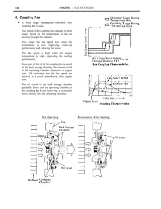 100                                         ENGINE — 1UZ–FE ENGINE


4. Coupling Fan
  S A three stage temperature–controlled auto
      coupling fan is used.
      The speed of the coupling fan changes in three
      stages based on the temperature of the air
      passing through the radiator.
      This keeps the fan speed low when the
      temperature is low, improving warm–up
      performance and reducing fan noise.
      The fan speed is high when the engine
      temperature is high, improving the cooling
      performance.
      Since part of the oil in the coupling fan is stored
      in the back storage chamber, the amount of oil
      in the operating chamber decreases at engine
      start. Oil resistance and the fan speed are
      reduced as a result immediately after engine
      start.
      The oil stored in the back storage chamber
      gradually flows into the operating chamber as
      the coupling fan keeps revolving. It eventually
      flows entirely into the operating chamber.
 