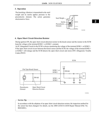 LS430 – NEW FEATURES                                                       17


3. Operation
The knocking vibration is transmitted to the steel
weight and its inertia applies pressure to the
piezoelectric element. The action generates
                                                          Steel Weight
electromotive force.
                                                                 Inertia                                              2
                                                          Piezoelectric
                                                          Element

                                                                                               214CE08




4. Open/Short Circuit Detection Resistor
During ignition ON, the open/short circuit detection resistor in the knock sensor and the resistor in the ECM
keep the voltage at the terminal KNK1+ or KNK2+ constant.
An IC (Integrated Circuit) in the ECM is always monitoring the voltage of the terminal KNK1+ or KNK2+.
If the open/short circuit occurs between the knock sensor and the ECM, the voltage of the terminal KNK1+
or KNK2+ will change and the ECM detects the open/short circuit and stores DTC (Diagnostic Trouble
Codes) P0325.



                                                                                  ECM



                                                                    5V
          Flat Type Knock Sensor
                                                     KNK1+ or
                                                                         200 kΩ
                                                     KNK2+

                                                                                                  IC
                          200 kΩ                      KNK1– or
                                                      KNK2–



      Piezoelectric     Open/ Short Circuit
      Element           Detection Resistor

                                                                                                       214CE06




   Service Tip
   In accordance with the adoption of an open/short circuit detection resistor, the inspection method for
   the sensor has been changed. For details, see the 2004 LEXUS LS430 Repair Manual (Pub. No.
   RM1048U).
 