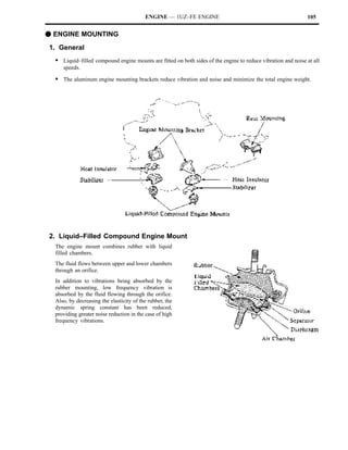 ENGINE — 1UZ–FE ENGINE                                              105


F ENGINE MOUNTING
1. General
  S Liquid–filled compound engine mounts are fitted on both sides of the engine to reduce vibration and noise at all
     speeds.

  S The aluminum engine mounting brackets reduce vibration and noise and minimize the total engine weight.




2. Liquid–Filled Compound Engine Mount
  The engine mount combines rubber with liquid
  filled chambers.
  The fluid flows between upper and lower chambers
  through an orifice.
  In addition to vibrations being absorbed by the
  rubber mounting, low frequency vibration is
  absorbed by the fluid flowing through the orifice.
  Also, by decreasing the elasticity of the rubber, the
  dynamic spring constant has been reduced,
  providing greater noise reduction in the case of high
  frequency vibrations.
 