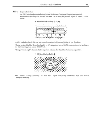 ENGINE — 1UZ–FE ENGINE                                                     83



*NOTE: Engine oil selection
          Use API (American Petroleum Institute) grade SG, Energy–Conserving II multigrade engine oil.
          Recommended viscosity is as follows, with SAE 5W–30 being the preferred engine oil for the 1UZ–FE
          engine.

                                   DRecommended Viscosity (SAE)A




   A label is added to the oil filler cap and some oil containers to help you select the oil you should use.
   The top portion of the label shows the oil quality by API designations such as SG. The center portion of the label shows
   the SAE viscosity grade, such as SAE 5W–30.
   “Energy–Conserving II” shown in the lower portion, indicates that the oil has fuel–saving capabilities.

                                   DOil Identification LabelA




   Oils marked “Energy–Conserving II” will have higher fuel–saving capabilities than oils marked
   “Energy–Conserving.”
 