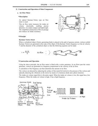 ENGINE — 1UZ–FE ENGINE                                                    119

2) Construction and Operation of Main Components

 a. Air Flow Meter

   S Description
    An optical Karman–Vortex type air flow
    meter is used.
    This air flow meter measures the intake air
    volume      electrically, enabling precise
    detection. It is made compact and lightweight.
    The simplified construction of the air passage
    also reduces air intake resistance.


   S Principle
    Karman–Vortex Street
    When a cylindrical object (Vortex generating body) is placed in the path of gaseous current, vortices (called
    Karman–Vortex) are generated in the wake of the object. If the Karman–Vortex frequency is f, the air velocity
    V and the diameter of the cylindrical object d, then the following equation can be made:




   S Construction and Operation
    Using the above principle, the air flow meter is fitted with a vortex generator. As air flows past the vortex
    generator, vortices are generated at a frequency proportional to the velocity of the air flow.
    A calculation of the frequency can then determine the amount of air flow.
    The vortices are detected by subjecting the surface of thin metal foil (mirror) to the pressure of the vortices and
    optically detecting the vibrations in the mirror by means of a luminous diode and a photo transistor.
    The intake air volume signal (Ks) is the pulse signal. When the intake air volume is low, this signal has a low
    frequency. When the intake air volume is high, it has a high frequency.
 