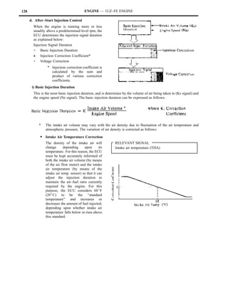128                                        ENGINE — 1UZ–FE ENGINE

      d. After–Start Injection Control
        When the engine is running more or less
        steadily above a predetermined level rpm, the
        ECU determines the injection signal duration
        as explained below:
        Injection Signal Duration
        = Basic Injection Duration
        x Injection Correction Coefficient*
        + Voltage Correction
                 * Injection correction coefficient is
                   calculated by the sum and
                   product of various correction
                   coefficients.
       i) Basic Injection Duration
        This is the most basic injection duration, and is determines by the volume of air being taken in (Ks signal) and
        the engine speed (Ne signal). The basic injection duration can be expressed as follows:




           *    The intake air volume may vary with the air density due to fluctuation of the air temperature and
                atmospheric pressure. The variation of air density is corrected as follows:

            S Intake Air Temperature Correction
                The density of the intake air will             RELEVANT SIGNAL
                change      depending      upon      its       Intake air temperature (THA)
                temperature. For this reason, the ECU
                must be kept accurately informed of
                both the intake air volume (by means
                of the air flow meter) and the intake
                air temperature (by means of the
                intake air temp. sensor) so that it can
                adjust the injection duration to
                maintain the air–fuel ratio currently
                required by the engine. For this
                purpose, the ECU considers 68_F
                (20_C) to be the “standard
                temperature” and increases or
                decreases the amount of fuel injected,
                depending upon whether intake air
                temperature falls below or rises above
                this standard.
 
