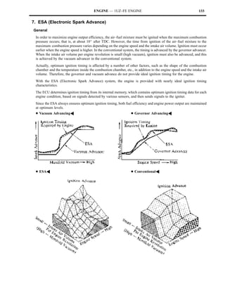 ENGINE — 1UZ–FE ENGINE                                                  133


7. ESA (Electronic Spark Advance)
General
 In order to maximize engine output efficiency, the air–fuel mixture must be ignited when the maximum combustion
 pressure occurs; that is, at about 10_ after TDC. However, the time from ignition of the air–fuel mixture to the
 maximum combustion pressure varies depending on the engine speed and the intake air volume. Ignition must occur
 earlier when the engine speed is higher. In the conventional system, the timing is advanced by the governor advancer.
 When the intake air volume per engine revolution is small (high vacuum), ignition must also be advanced, and this
 is achieved by the vacuum advancer in the conventional system.
 Actually, optimum ignition timing is affected by a number of other factors, such as the shape of the combustion
 chamber and the temperature inside the combustion chamber, etc., in addition to the engine speed and the intake air
 volume. Therefore, the governor and vacuum advance do not provide ideal ignition timing for the engine.
 With the ESA (Electronic Spark Advance) system, the engine is provided with nearly ideal ignition timing
 characteristics.
 The ECU determines ignition timing from its internal memory, which contains optimum ignition timing data for each
 engine condition, based on signals detected by various sensors, and then sends signals to the igniter.
 Since the ESA always ensures optimum ignition timing, both fuel efficiency and engine power output are maintained
 at optimum levels.
 DVacuum AdvancingA                                               DGovernor AdvancingA




 DESAA                                                            DConventionalA
 