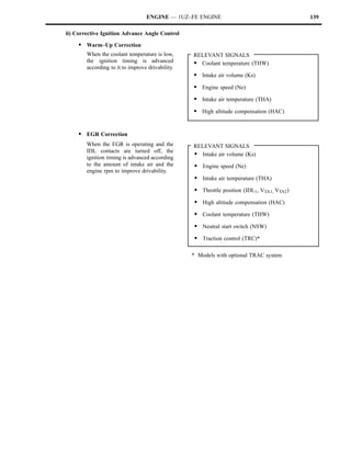 ENGINE — 1UZ–FE ENGINE                                    139

ii) Corrective Ignition Advance Angle Control

     S Warm–Up Correction
        When the coolant temperature is low,      RELEVANT SIGNALS
        the ignition timing is advanced           S Coolant temperature (THW)
        according to it to improve drivability.
                                                  S Intake air volume (Ks)
                                                  S Engine speed (Ne)
                                                  S Intake air temperature (THA)
                                                  S High altitude compensation (HAC)


     S EGR Correction
        When the EGR is operating and the         RELEVANT SIGNALS
        IDL contacts are turned off, the
        ignition timing is advanced according
                                                  S Intake air volume (Ks)
        to the amount of intake air and the        S Engine speed (Ne)
        engine rpm to improve drivability.
                                                   S Intake air temperature (THA)
                                                   S Throttle position (IDL1, VTA1, VTA2)
                                                   S High altitude compensation (HAC)
                                                   S Coolant temperature (THW)
                                                   S Neutral start switch (NSW)
                                                   S Traction control (TRC)*

                                                  * Models with optional TRAC system
 