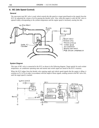 142                                       ENGINE — 1UZ–FE ENGINE


8. ISC (Idle Speed Control)
General
  The step motor type ISC valve is used, which controls the idle speed at a target speed based on the signals from the
  ECU by adjusting the volume of air by passing the throttle valve. Also, when the engine is cold, the ISC valve is
  opened widely corresponding to the coolant temperature and the engine speed is increased, causing fast idle.




System Diagram
  This type of ISC valve is connected to the ECU as shown in the following diagram. Target speeds for each coolant
  temperature, air conditioner operating state and neutral start switch signal are stored in the ECU’s memory.
  When the ECU judges from the throttle valve opening angle and vehicle speed signals that the engine is idling, it
  switches on Tr1 to Tr4 in order, in accordance with the output of those signals, sending current to the ISC valve coil,
  until the target speed is reached.
 