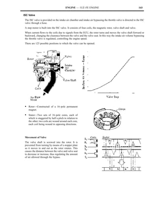 ENGINE — 1UZ–FE ENGINE                                                    143

ISC Valve
 The ISC valve is provided on the intake air chamber and intake air bypassing the throttle valve is directed to the ISC
 valve through a hose.
 A step motor is built into the ISC valve. It consists of four coils, the magnetic rotor, valve shaft and valve.
 When current flows to the coils due to signals from the ECU, the rotor turns and moves the valve shaft forward or
 backward, changing the clearance between the valve and the valve seat. In this way the intake air volume bypassing
 the throttle valve is regulated, controlling the engine speed.
 There are 125 possible positions to which the valve can be opened.




 S Rotor—Constructed of a 16–pole permanent
    magnet.

 S Stator—Two sets of 16–pole cores, each of
    which is staggered by half a pitch in relation to
    the other; two coils are wound around each core,
    each coil being wound in opposing directions.




 Movement of Valve
 The valve shaft is screwed into the rotor. It is
 prevented from turning by means of a stopper plate
 so it moves in and out as the rotor rotates. This
 causes the distance between the valve and valve seat
 to decrease or increase, thus regulating the amount
 of air allowed through the bypass.
 