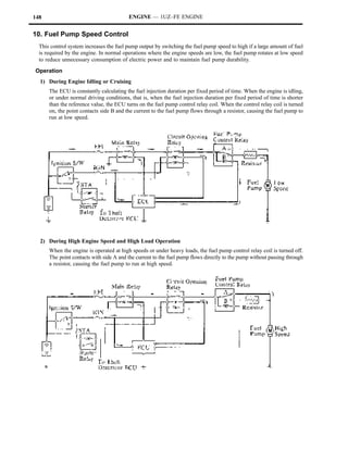 148                                      ENGINE — 1UZ–FE ENGINE


10. Fuel Pump Speed Control
  This control system increases the fuel pump output by switching the fuel pump speed to high if a large amount of fuel
  is required by the engine. In normal operations where the engine speeds are low, the fuel pump rotates at low speed
  to reduce unnecessary consumption of electric power and to maintain fuel pump durability.
Operation
  1) During Engine Idling or Cruising
      The ECU is constantly calculating the fuel injection duration per fixed period of time. When the engine is idling,
      or under normal driving conditions, that is, when the fuel injection duration per fixed period of time is shorter
      than the reference value, the ECU turns on the fuel pump control relay coil. When the control relay coil is turned
      on, the point contacts side B and the current to the fuel pump flows through a resistor, causing the fuel pump to
      run at low speed.




  2) During High Engine Speed and High Load Operation
      When the engine is operated at high speeds or under heavy loads, the fuel pump control relay coil is turned off.
      The point contacts with side A and the current to the fuel pump flows directly to the pump without passing through
      a resistor, causing the fuel pump to run at high speed.
 