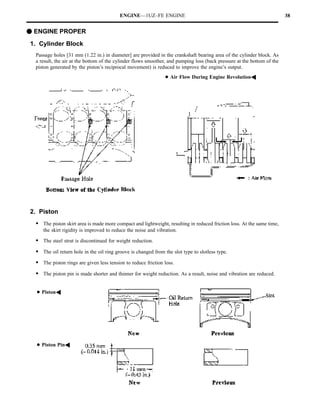 ENGINE—1UZ–FE ENGINE                                                           38


F ENGINE PROPER
1. Cylinder Block
  Passage holes [31 mm (1.22 in.) in diameter] are provided in the crankshaft bearing area of the cylinder block. As
  a result, the air at the bottom of the cylinder flows smoother, and pumping loss (back pressure at the bottom of the
  piston generated by the piston’s reciprocal movement) is reduced to improve the engine’s output.
                                                                DAir Flow During Engine RevolutionA




2. Piston
  S The piston skirt area is made more compact and lightweight, resulting in reduced friction loss. At the same time,
     the skirt rigidity is improved to reduce the noise and vibration.

  S The steel strut is discontinued for weight reduction.
  S The oil return hole in the oil ring groove is changed from the slot type to slotless type.
  S The piston rings are given less tension to reduce friction loss.
  S The piston pin is made shorter and thinner for weight reduction. As a result, noise and vibration are reduced.

  DPistonA




  DPiston PinA
 